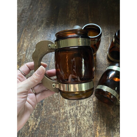 Vintage Siesta Ware Mug 12oz Set Of 4 Amber Glass Wood Handle Collectible MCM - Picture 2 of 5